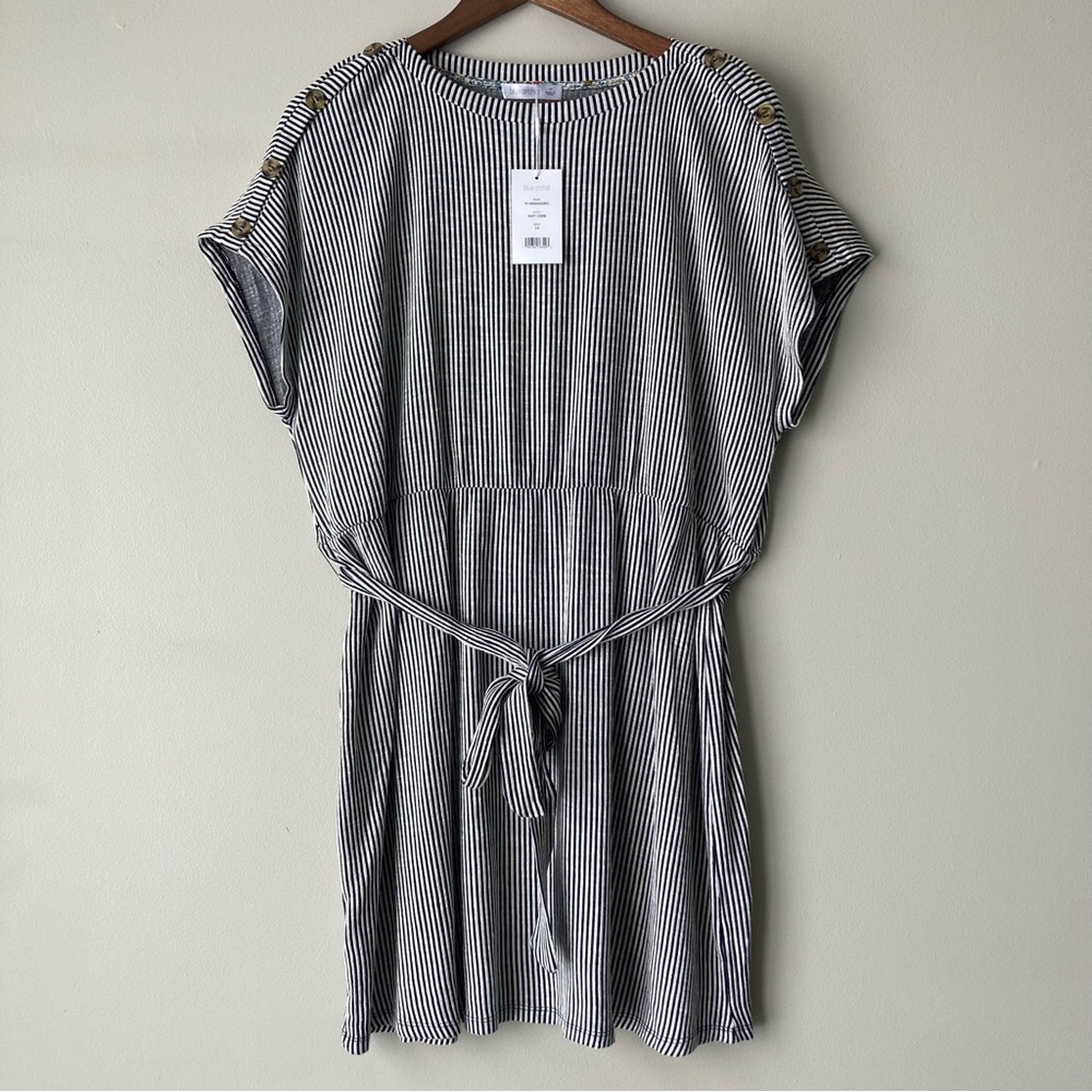 Blue Orchid Striped Casual‎ Dress Belted Waist Button Shoulder Detail